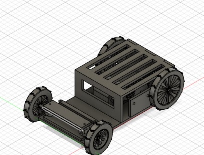 CAD model of the vehicle chassis with wheels, battery and drivetrain in place