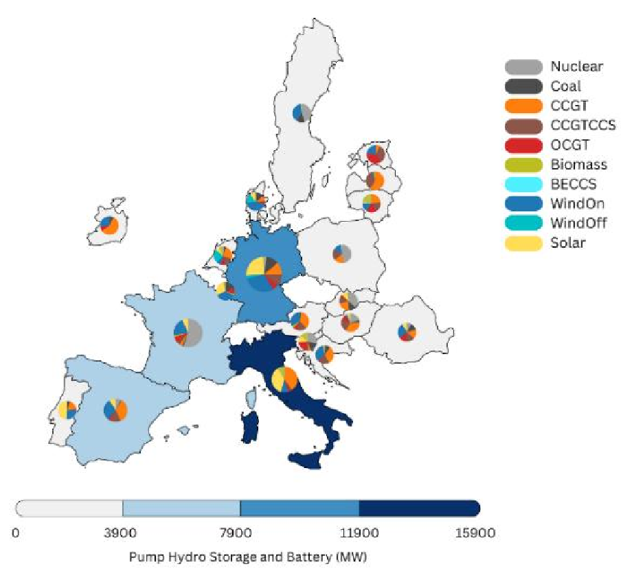Map of Europe showing installed generation capacity mix by country