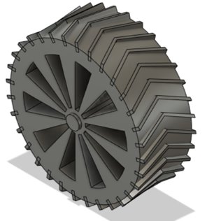 CAD model of a wheel showing the spoked rim inside a treaded tyre